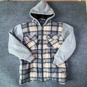 North Pole Flannel Jacket Mens Large Gray Plaid Sherpa Fleece Lined Hooded